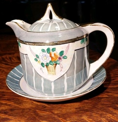 Antique Noritake Nippon Toki Kasha Porcelain Lusterware Teapot and Saucer 