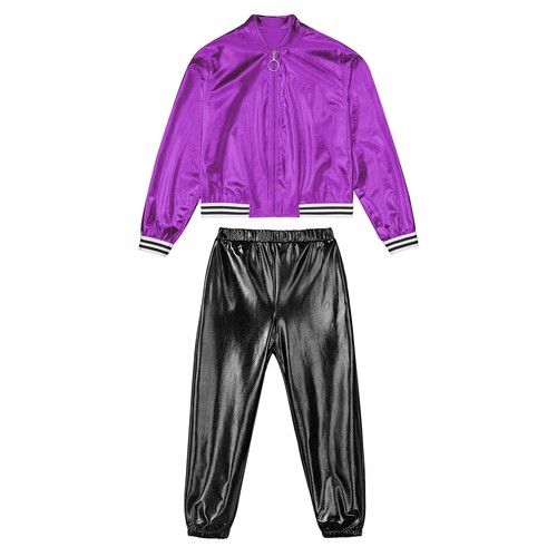 Girls Hip Hop Dance Outfit Sportwear Shiny Metallic Jacket and Jazz Pants Set - Picture 35 of 51