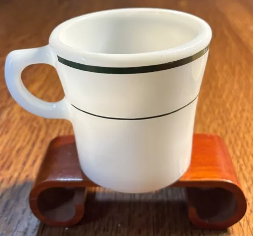 PYREX DOUBLE TOUGH MILK GLASS RESTAURANT COFFEE CUP GREEN STRIPES