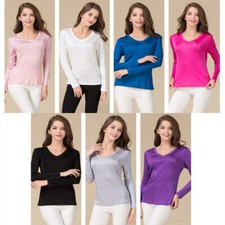 Womens Lady Real Mulberry Silk Knitted V Neck T Shirt Undershirt Long Sleeve