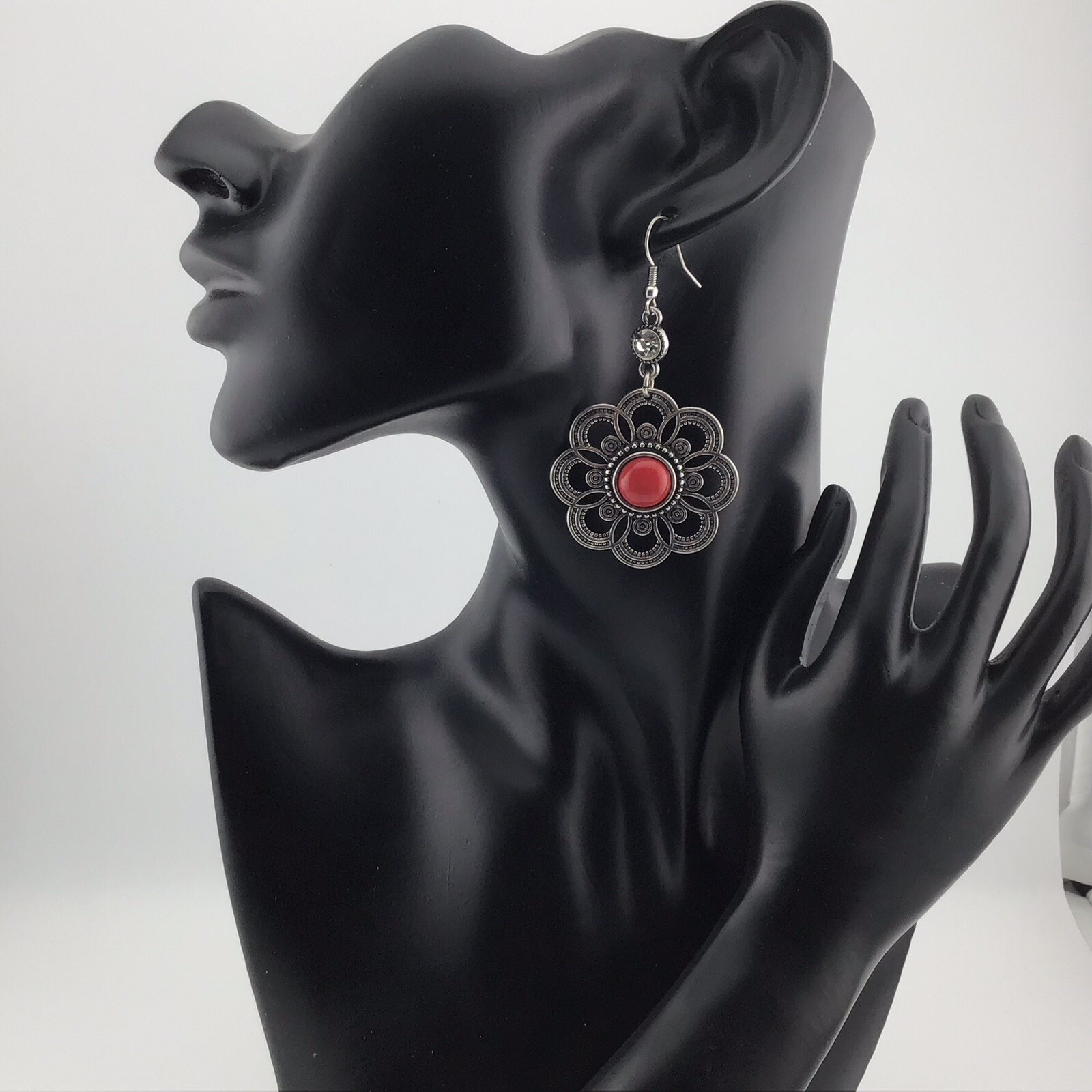 Earrings Dangle SilverT Red Flower Rhinestone Boh… - image 1