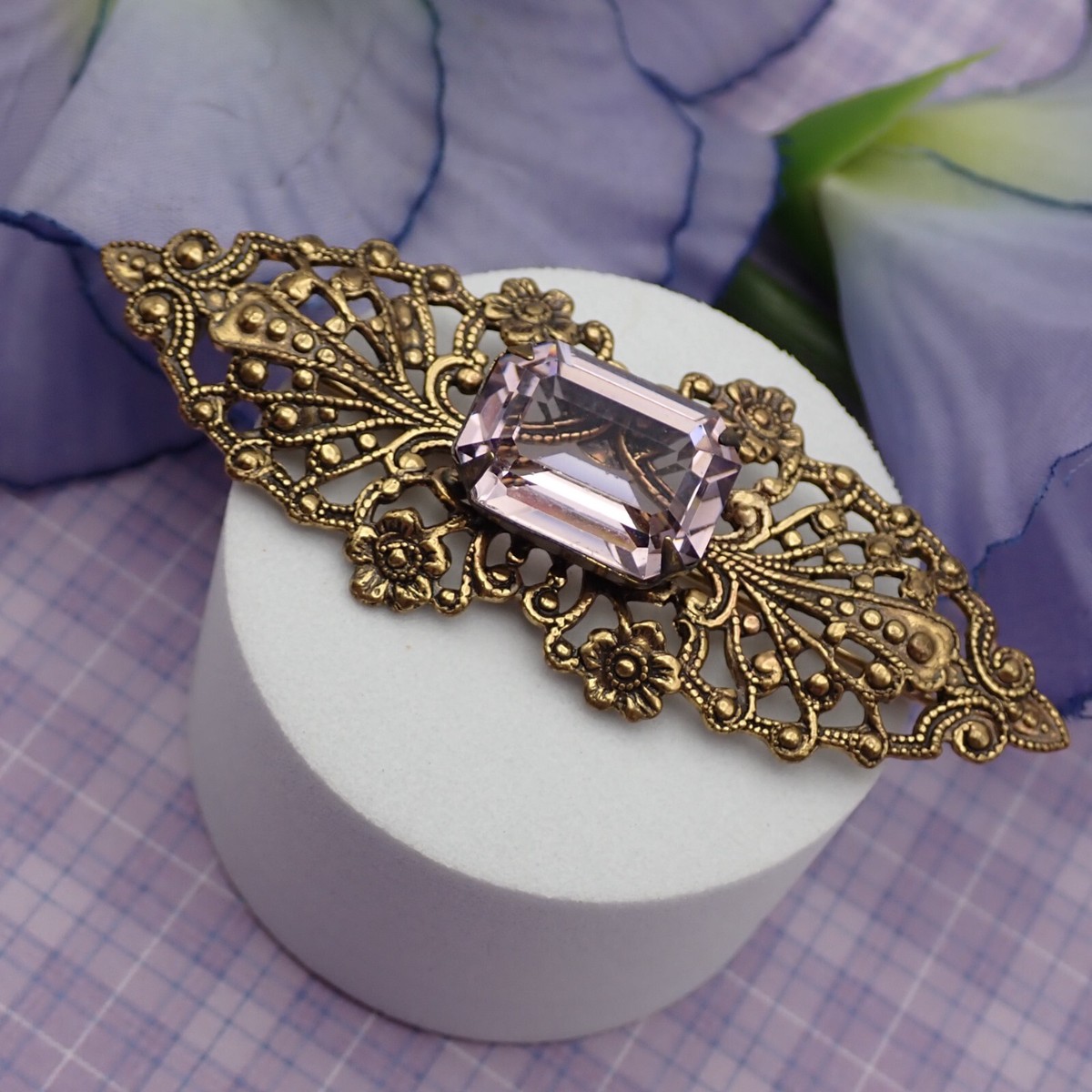 Elegant Gold and Purple Vintage Brooch Antique Purple Enamel Pansy Brooch of 14k Gold by Krementz  main image 2