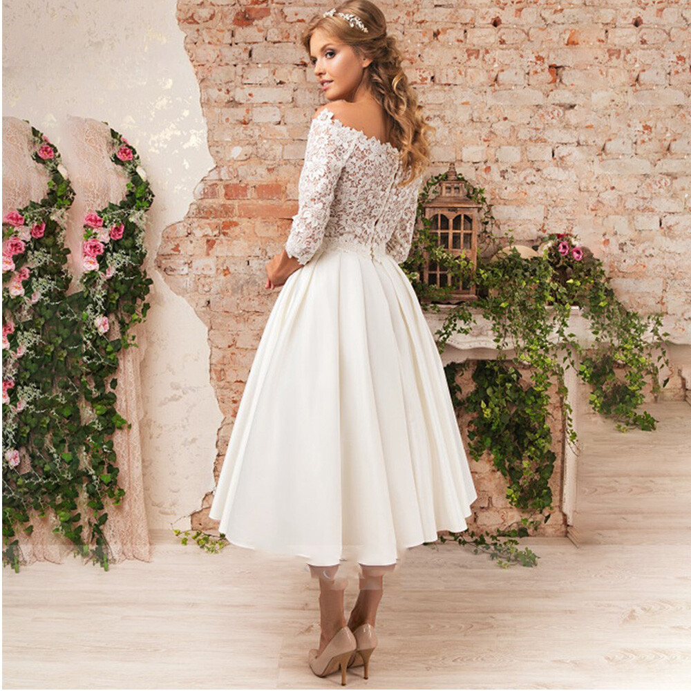 Vintage Satin Wedding Dresses Long Sleeve Scoop Neck Appliques Short Bridal  Gown | eBay