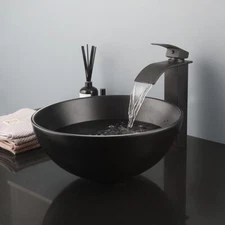 Bathroom Vessel Sink Round Ceramic Washing Bowl Deck Mounted Black Drain Faucet