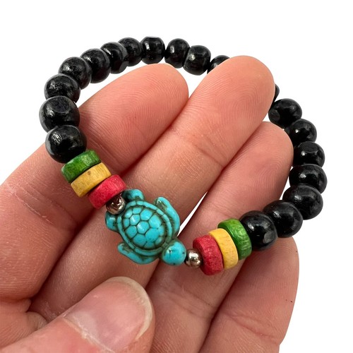 Black Wood Turtle Bead Bracelet Wristband Bangle Mens Womens Handmade Jewellery - Picture 3 of 3