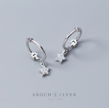 925 Sterling Silver Dangle CZ Star Small Hoop Huggie Stud Earrings Gift Box PE38