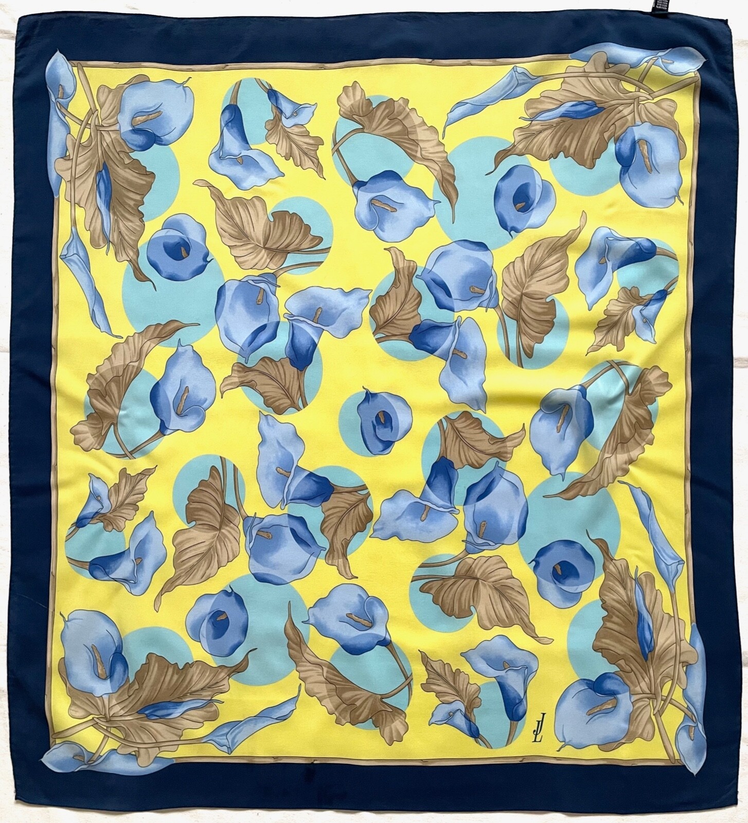 Designer JAMMERS LEUFGEN JL Floral Calla Lily Silk Scarf in Yellow Blue Beige
