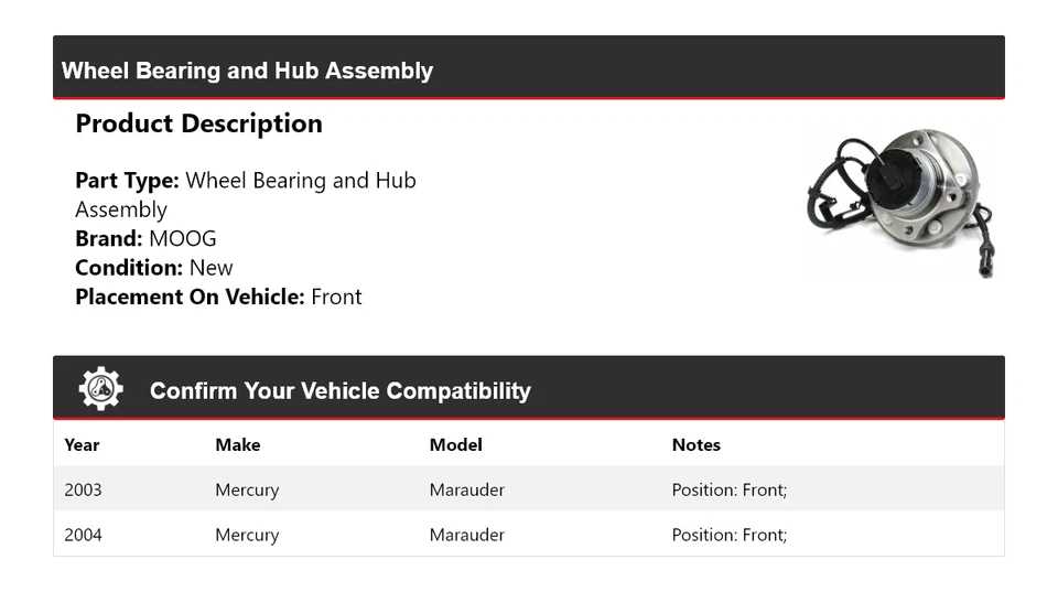 Conjunto de cojinete de rueda y buje delantero para Mercury Marauder 2003-2004 MOOG Foto 2 de 4