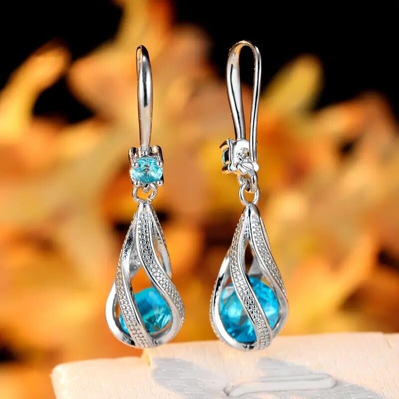 Fashion Spiral Teardrop Hollow Drop Earrings Bride Wedding Jewelry Women Blue-3E