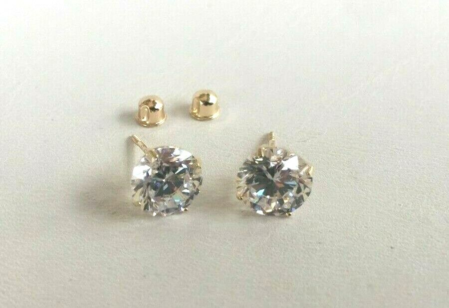 14K SOLID YELLOW GOLD STUD EARRINGS W/ 3 CARATS LAB CREATED DIAMONDS/ 7MM 
