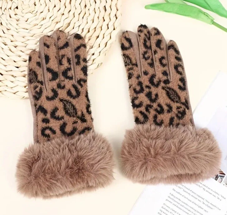 Guantes con estampado de leopardo ribete de piel sintética compatible con pantalla táctil cálidos Foto 2 de 4