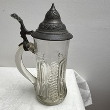 Antiker Glas-Bierkrug / Stammseidel mit verzierten Zinndeckel &ndash; Original um 1900
