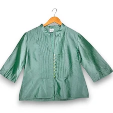 Armani Collezioni Silk Top Shirt 10 Button Pleated Aqua Green  Luxury 3/4 Sleeve