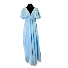 She and Sky Large Crepe Maxi Summer Dress Lt Blue Peasant Boho Butterfly Sleeve