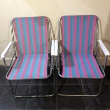 Vintage 70’s Striped Funky Colour Folding Garden Camper Camping Pair Of Chairs