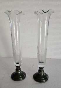 Pair of Web Pewter Base Vintage 7 1/2"T Etched Glass Bud Vases