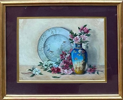 H. Huntley frühes 20. Jh. Stillleben Ölgemälde - orientalistische Vase & Teller