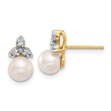 14k Yellow Gold 5mm Round Freshwater Cultured Pearl and Diamond Stud Earrings