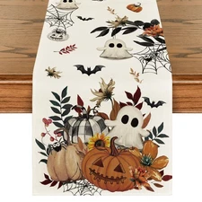 Halloween Decorations Pumpkin Ghost Leaves Spider Web Bats Table Runner 13"x72"