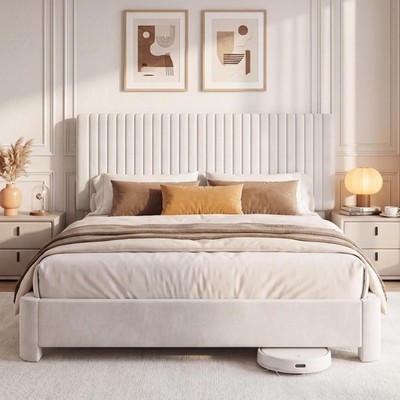 King Size Velvet Upholstered Platform Bed with Headboard White Wood Slat Support