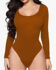 Women  s Scoop Neck Long Sleeve Bodysuit Leotard Caramel Color Size L free ship