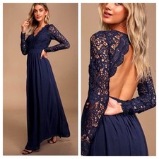 NWT LULUS Awaken My Love Navy Blue Long Sleeve Lace Maxi Dress S
