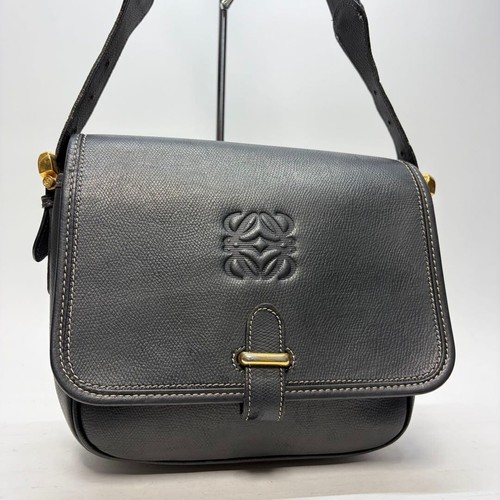 LOEWE Vintage Black Leather Anagram Shoulder Bag Gold Hardware Auth
