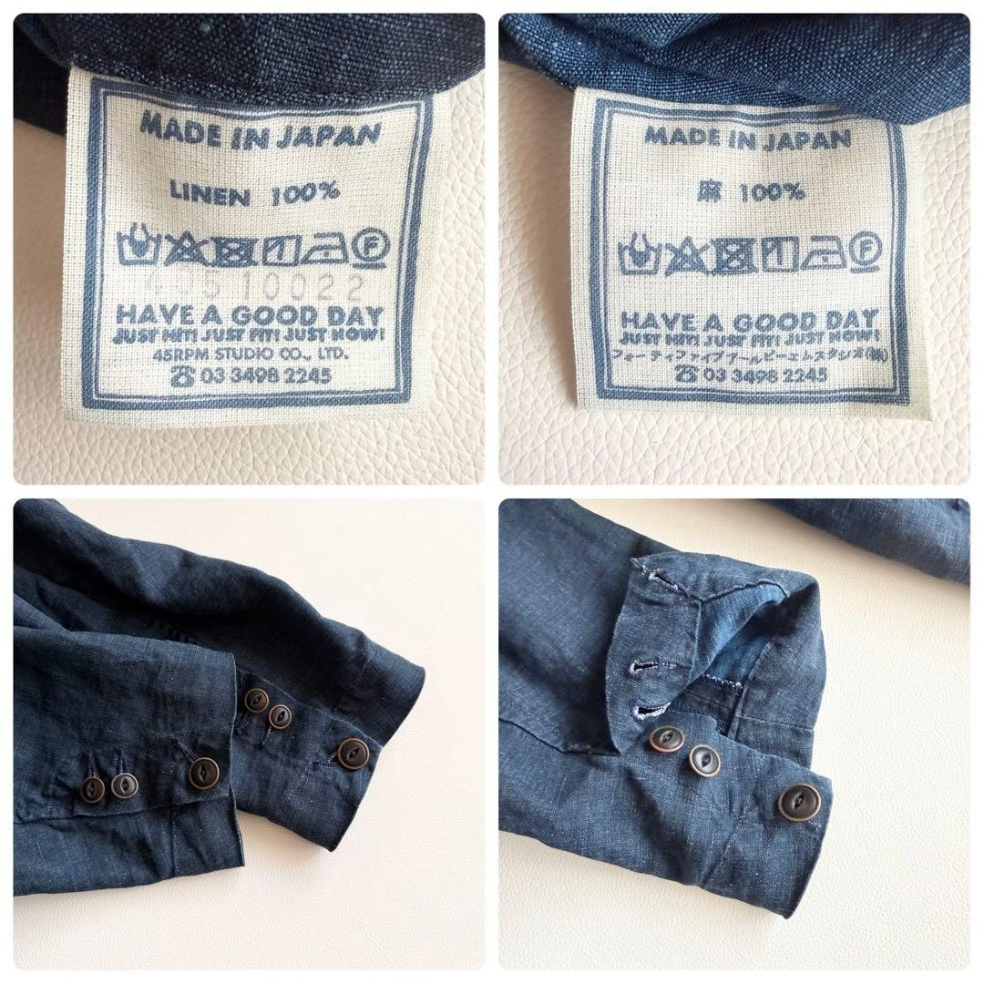 45R / 45rpm Linen Tailored Jacket Indigo Blue Size-L Excellent image 9