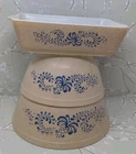 Pyrex Vtg Homestead Blue Nesting 2 Mixing Bowls Set W Casserole Dish 402,403,503
