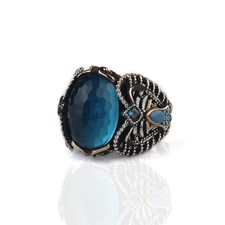925 Sterling Silver Men's Ring Blue Topaz Gem Stone Handmade Men Silver Ring