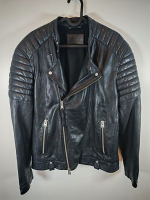 AllSaints Jasper Leder Biker Jacke Herren Schwarz Größe Large L Gesteppt Moto