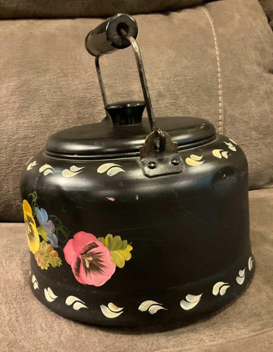 Vintage Floral Hand Painted Coffee Tea Pot Kettle Large 10" Folk Art. Signed