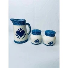 Vintage Ceramic Pitcher Cream Blue Speckle Heart Salt Pepper Shakers Set