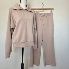 Anrabess Women's M Airport 2025 2 Pc Lounge Tracksuit Beige Knit Pockets