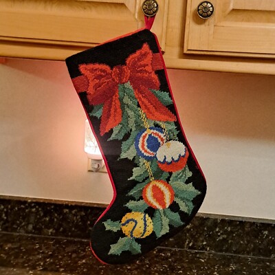 VTG Imperial Elegance Needlepoint Christmas Stocking Bow/Ornaments Red Velvet