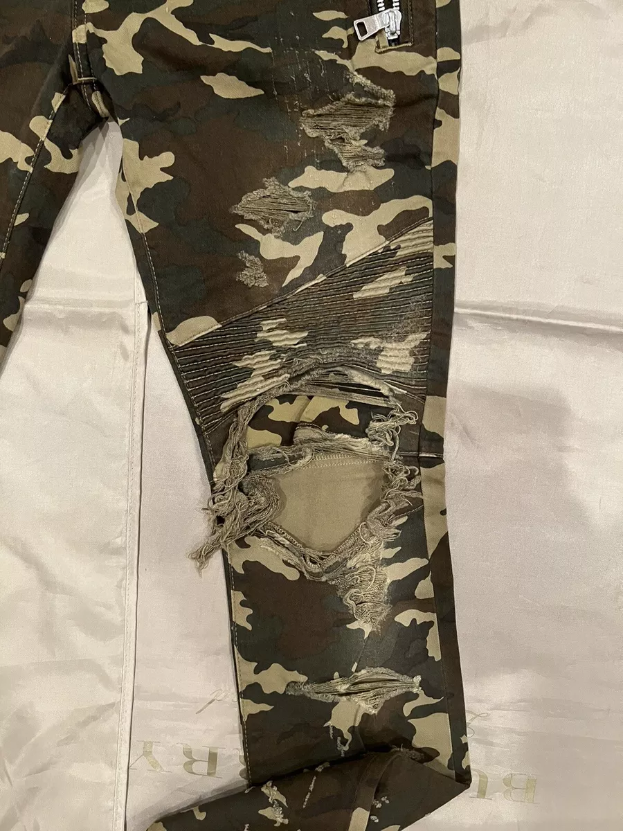 Balmain Men s Green Distressed Camouflage print Skinny Biker Jeans