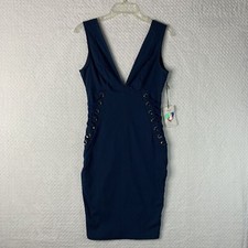 Iris Dress Blue Green Knit Bodycon Fitted Stretch Party Lace Up Side SzMedium