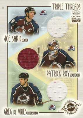 2001-02 Crown Royale Triple Threads #7 Joe Sakic/Patrick Roy/Greg DeVries