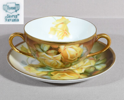 Thomas Sevres Bouillon Cup 2'' Tall Saucer 5 3/4'' Yellow Roses Gold Trim