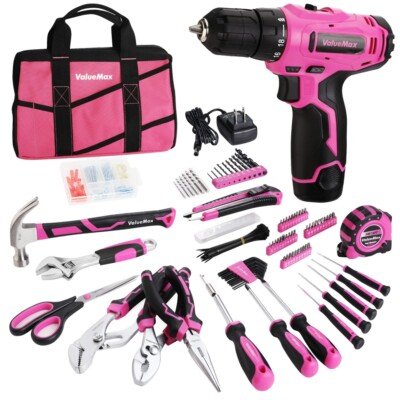 ValueMax 233PC Home Tool Kit Pink Tool Set Cordless Drill Tool w