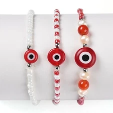 Handmade Red Lampwork Evil Eye Stretch Bracelets – Set of 3, Good Luck Jewelry