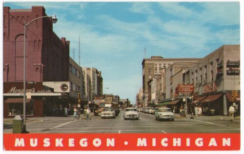 Street Scene Muskegon Michigan 1950&#039;s Cars People Sear&#039;s Sign Chrome Post Card