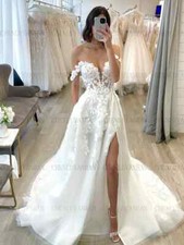Sexy Wedding Dresses Side Split Off-Shoulder Tulle Applique A Line Bridal Gowns