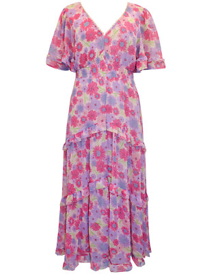 Simply Be Maxikleid Übergröße 18 20 24 rosa floral abgestuft V-Ausschnitt gekräuselte Taille