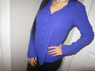 Express Portofino Shirt Blouse Purple Button down Convertible Sleeve V-Neck XS