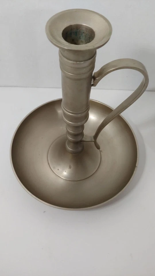 Pier 1 older metal candlesticks w/ handles possibly pewter or brushed nickel - Image 3 of 4