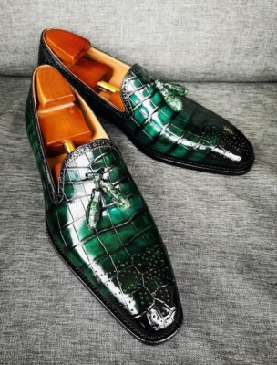 Bespoke Pure Dark Green Croc Print Leather Loafer Moccasin Slip on Dress  Shoes | eBay