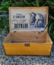 ANCIENNE MALLE CAISSE AMIDON LE CHAT HOFFMANN EN BOIS