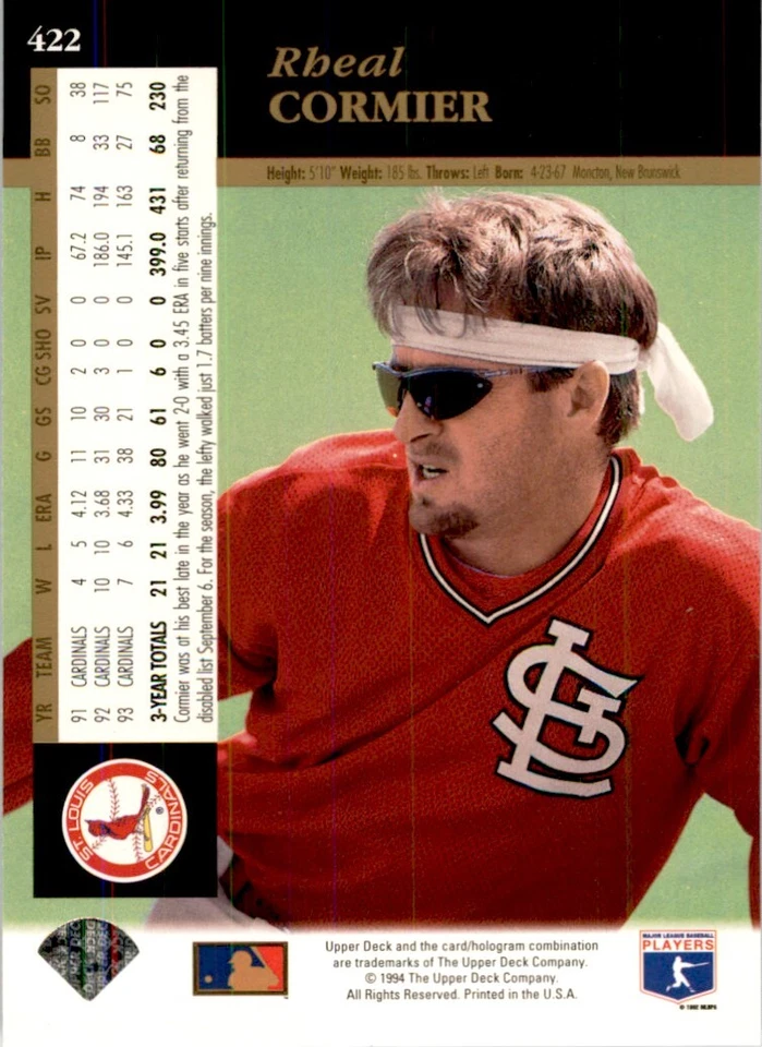 1994 UPPER DECK RHEAL CORMIER ST. LOUIS CARDINALS #422 - Image 2 of 2