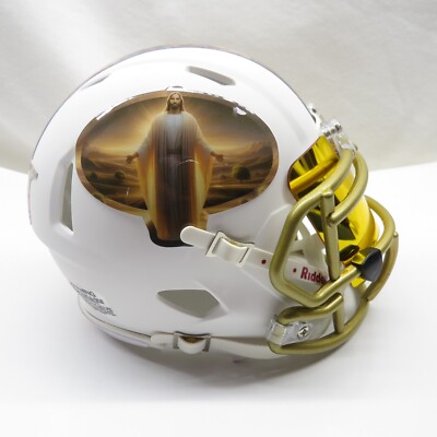 Jesus Custom White Mini Helmet woth a gold facemask and visor